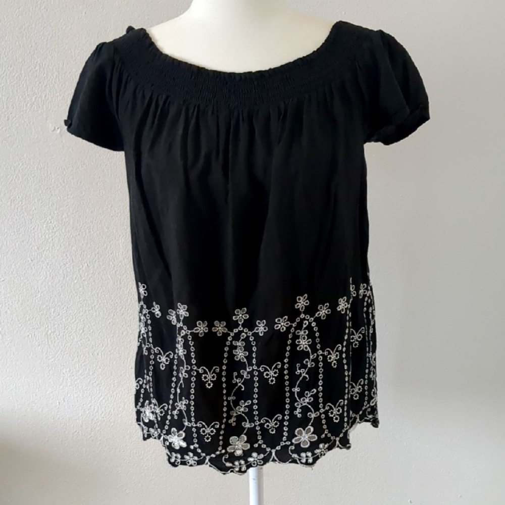 Old Navy Black White M Embroidered Off The Shoulder Blouse Linen Blend Peasant